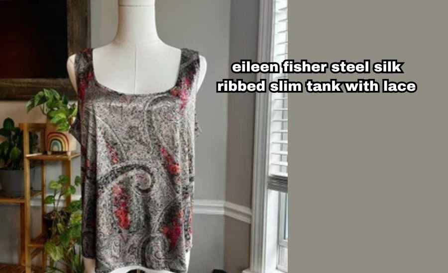 eileen fisher steel silk ribbed slim tank with lace