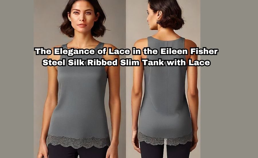 eileen fisher steel silk ribbed slim tank with lace